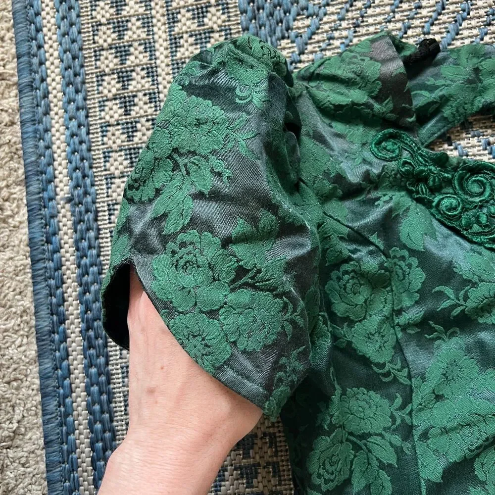 Vintage 80s emerald coquette Jessica McClintock girls puff sleeve jacquard dress